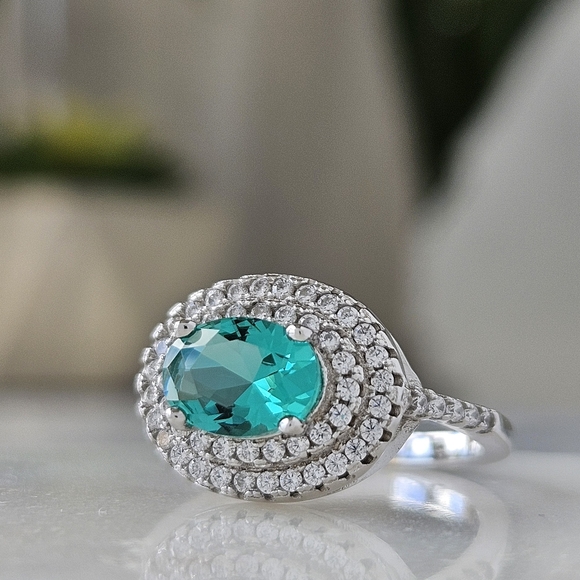 Double Halo Oval Turquoise Gemstone Ring, 925 Sterling Silver Charmed Aroma - Picture 6 of 8